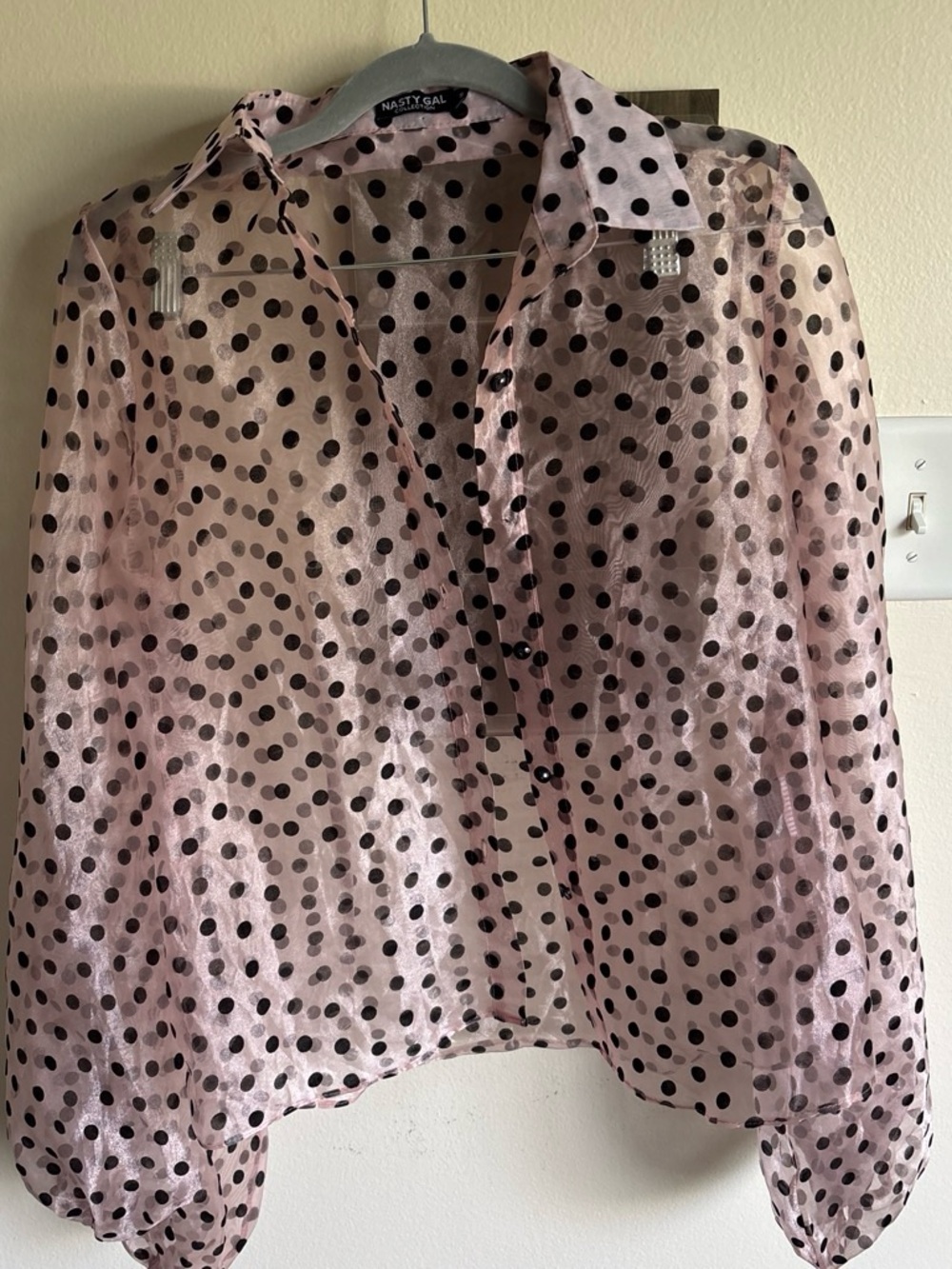 Nasty Gal Pink Sheer Black Polka Dot Blouse